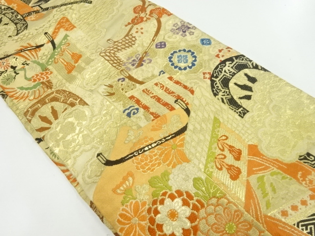 JAPANESE KIMONO / ANTIQUE NAGOYA OBI / SILK / WOVEN CARRIAGE & KIKU